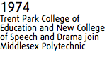 1974
Trent Park College of Education and New College of Speech and Drama join Middlesex Polytechnic